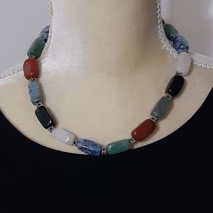 Chunky handmade gemstone necklace silver tone spacers 16'